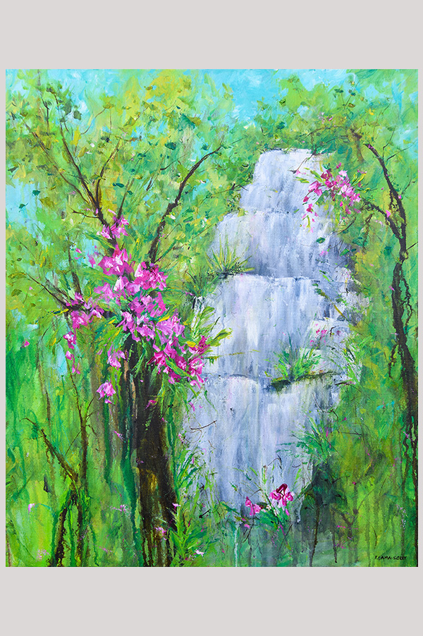 Original impressionist landscape painting of abstract a tropical forest with waterfalls and orchids on gallery wrapped canvas size 24 x 30 inch - Tropical Paradise