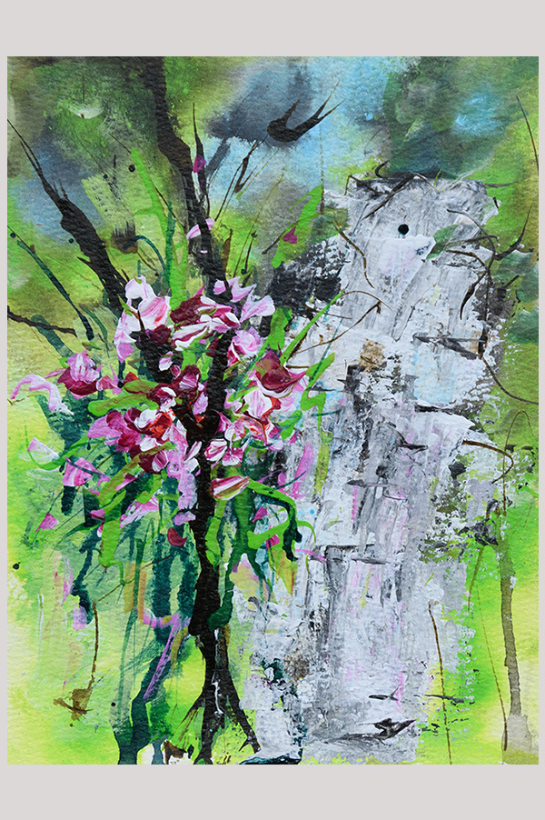 Original abstract loose landscape painting of a waterfall and orchids growing on a tree painted with acrylics on watercolor paper - Tropical Paradise