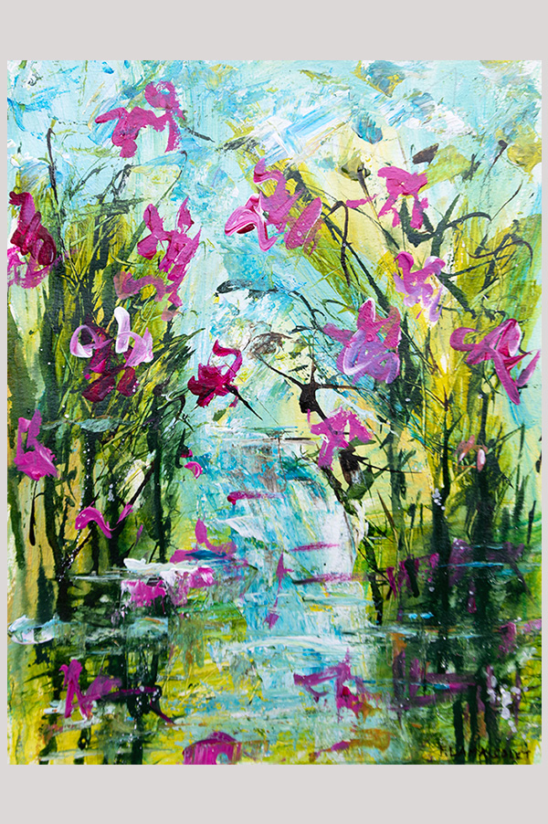 Original abstract loose landscape painting of a waterfall and orchids reflecting in the water painted with acrylics on watercolor paper - Tropical Paradise