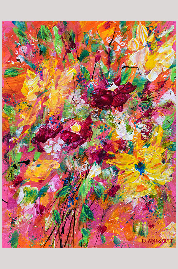 Original colorful expressionist floral painting hand painted with acrylics on watercolor paper size 8.25 x 10.75 inch and mounted in a mat size 11 x 14 inches - Tropical Punch