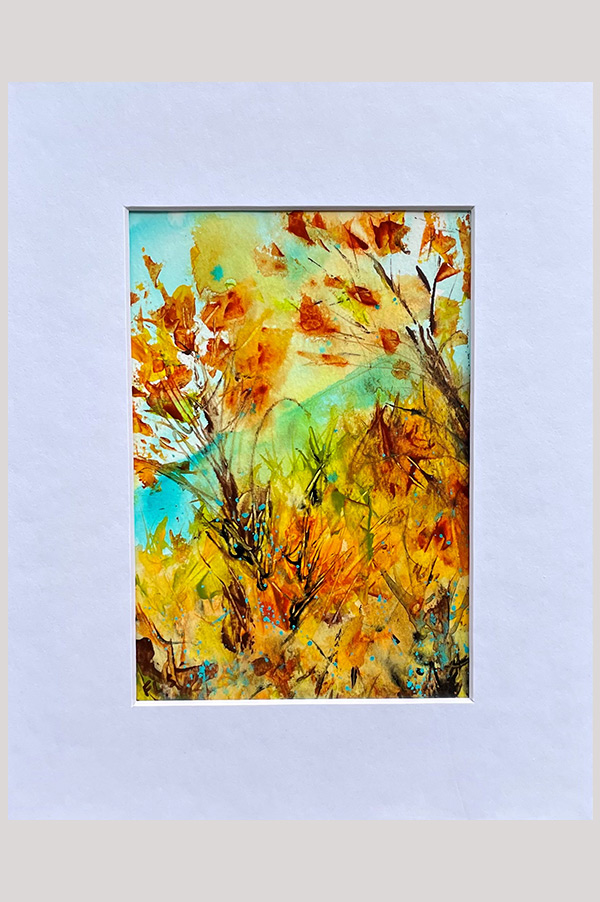 Colorful small original abstract landscape art size 6.5 x 4.5 inch inspired by the beautiful shades of the fall season and painted on watercolor paper and mounted in a mat - Walk in the Fall