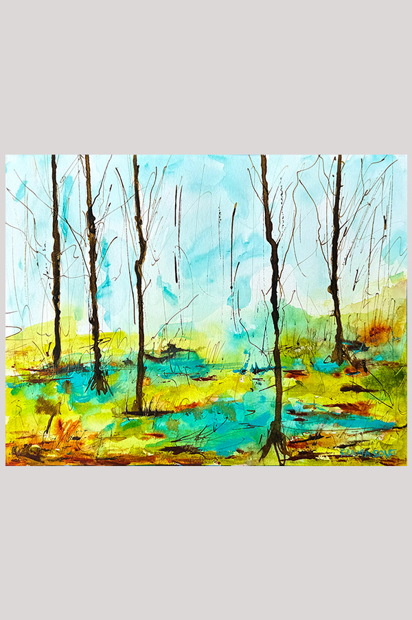Original loose impressionist landscape painting of swamps hand painted with acrylics on watercolor paper size  8 x 10 inch and mounted in a mat size 11 x 14 inch - Walk in the Swamps