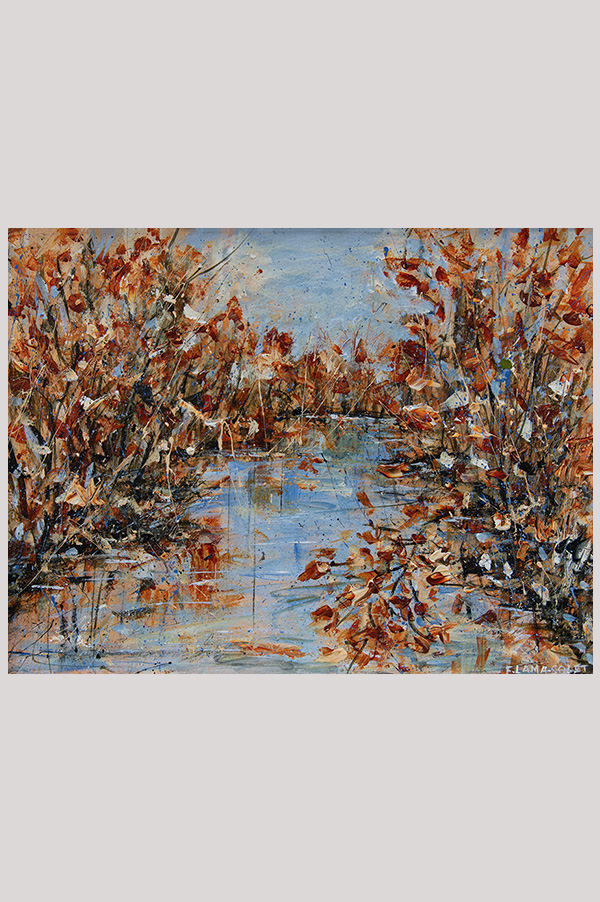 Original impressionist landscape painting of a fall scenery with trees reflecting in the water done one watercolor paper - Weeping Branch