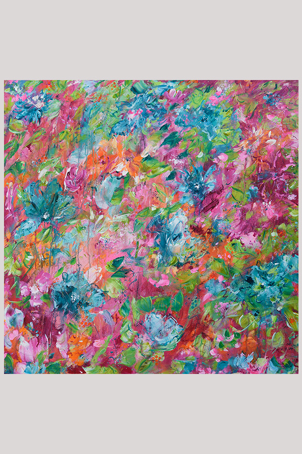 Original colorful contemporary expressionist floral artwork hand painted with acrylics on a gallery wrapped canvas size 36 x 36 inches - Wild Garden