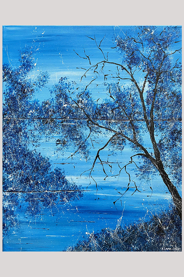 Original contemporary monochromatic blue peaceful abstract painting featuring trees reflection in a lake on stretched canvas size 16 x 20 inch - Winter Day by The Lake