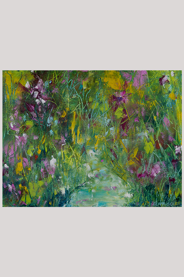Original mixed media abstract landscape and floral painting done with oil and cold wax on oil paper - Wisteria Creek