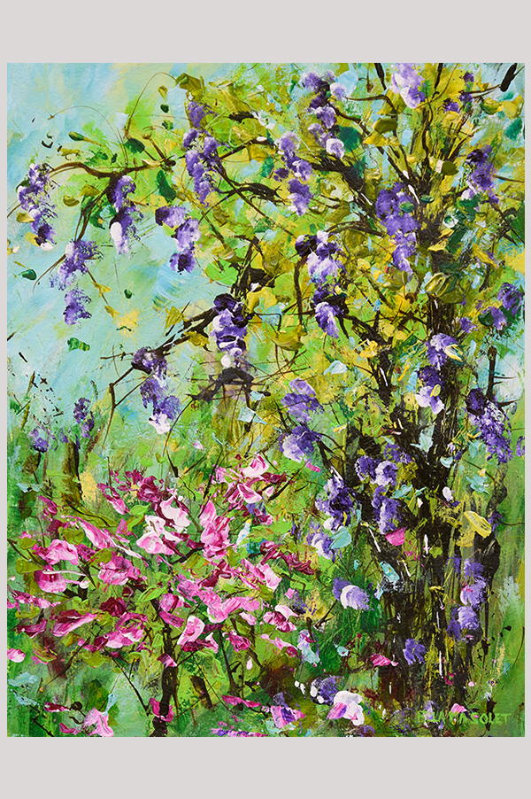Original impressionist spring landscape painting of garden with blooming wisteria and azalea hand painted with acrylics on watercolor paper size  8 x 10 inch and mounted in a mat size 11 x 14 inch - Wisteria Garden