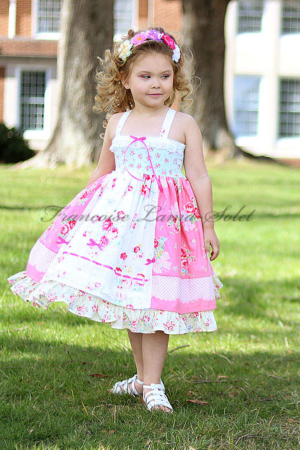 Girl's romantic patchwork ruffled twirl dress handmade with shabby floral pink and blue prints Country Rose Pink