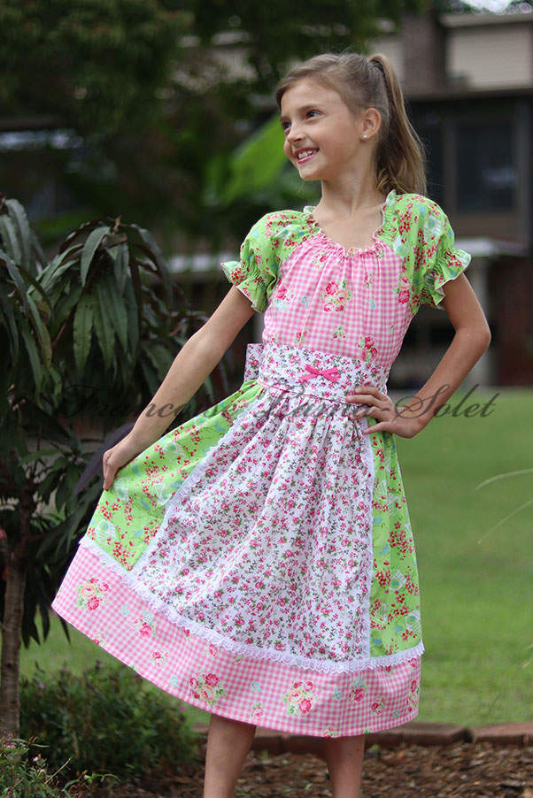 Girl's short or long sleeve peasant twirl dress with belt made in a green pink floral print with birds Spring