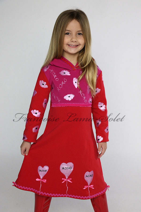 Red pink long sleeve jersey hoodie dress hand painted with hearts for Valentine’s day and matching doll dress - Xoxo