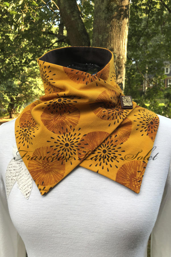Artsy neck warmer button scarf handmade with yellow mustard cotton lycra jersey and hand printed with brown patterns - Amber