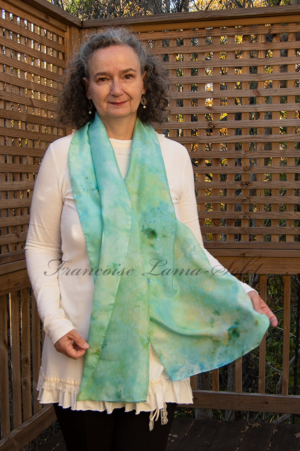 Women's wearable art ice dyed silk scarf hand dyed with jade green, aqua and yellow shades - Anaiis