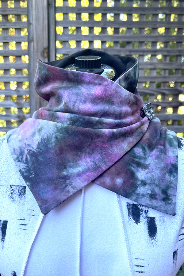 Women's wearable art hand ice dyed cotton neck warmer scarf with button in the different shades of pink, purple, black and grey - Aster