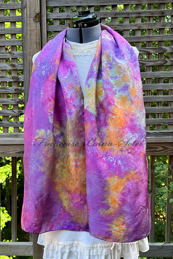 Women's wearable art tie dye silk scarf hand dyed in the shades purple and marigold - Aster