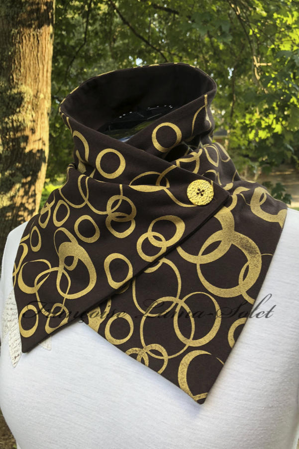 Unique artsy button neck warmer scarf handmade with dark brown cotton lycra jersey and hand printed with gold bubbles – Autumn Bubbles