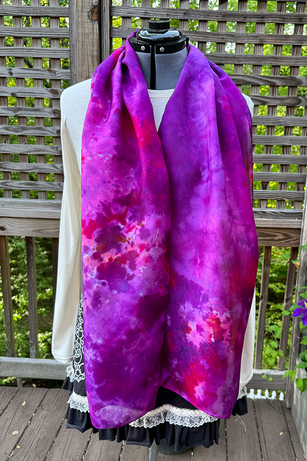 Women's wearable art tie dye silk scarf hand dyed in the shades purple and fuchsia pink  - Azalea