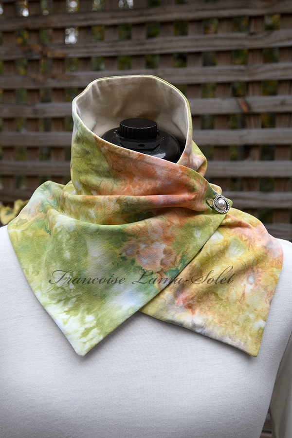 Women's wearable art hand ice dyed cotton neck warmer scarf with button in different shades of green, peach, yellow and mocha - Beautiful Garden
