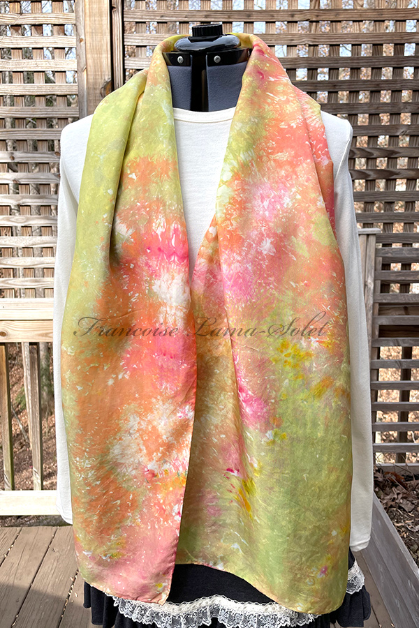 Women's wearable art ice dyed long silk scarf hand dyed with different shades of orange, peach, pink and green - Beautiful Garden