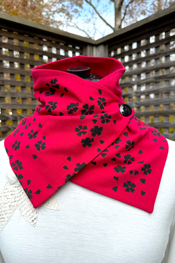 Womens red neck warmer scarf handmade and hand printed with black cherry blossoms - Black Blossoms