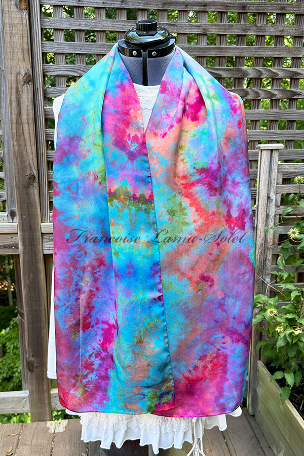 Women's wearable art ice dyed long silk scarf hand dyed with different shades of pink, peach, purple, turquoise and green - Blooms in the Lagoon