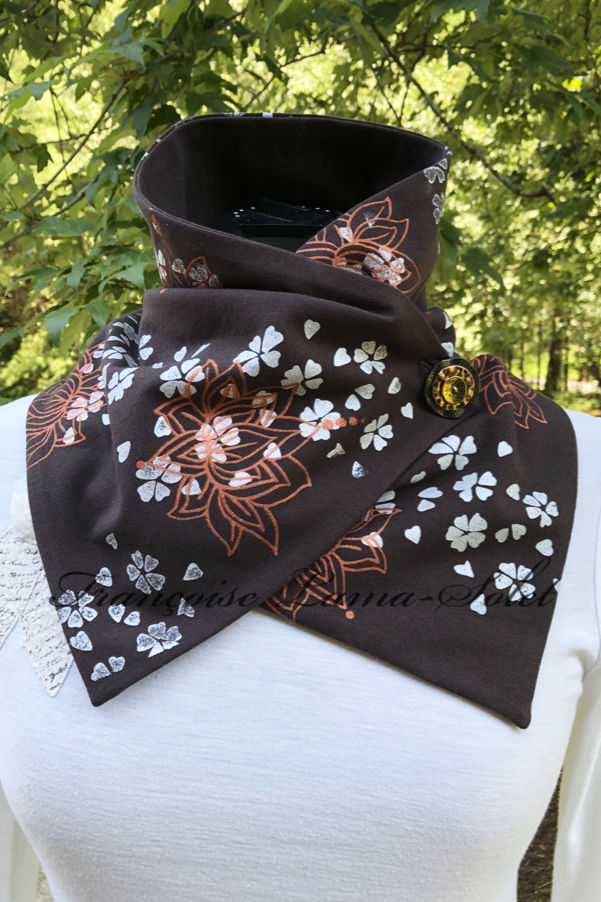 Brown floral neck warmer button scarf handmade and hand printed with copper lotus flowers and pearl cherry blossoms – Blossoms and Lotus