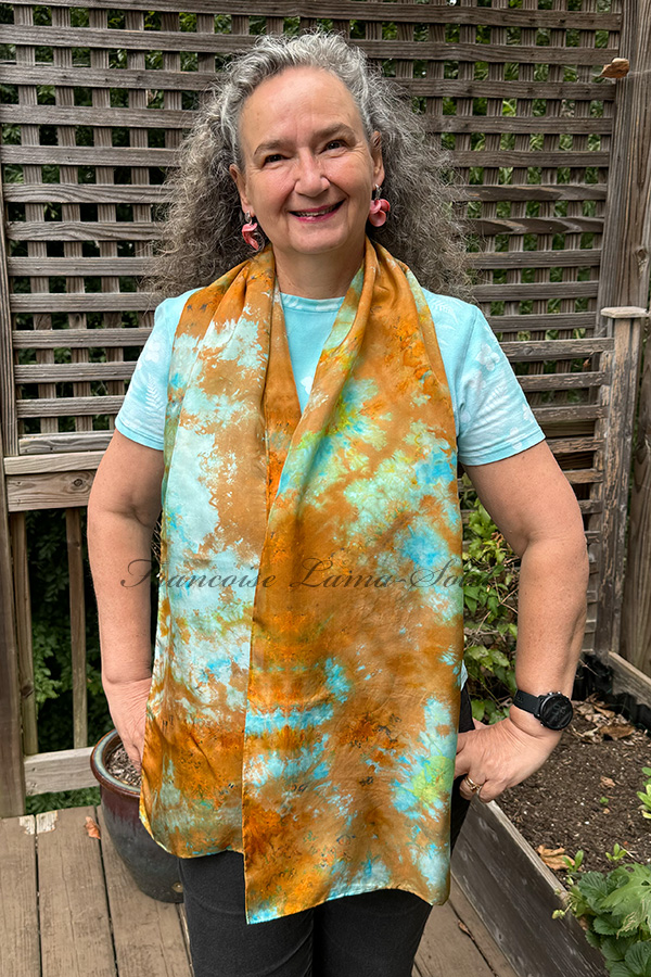 Women's wearable art ice dyed turquoise aqua, bronze, copper and green long hand dyed silk scarf - Blue Amber