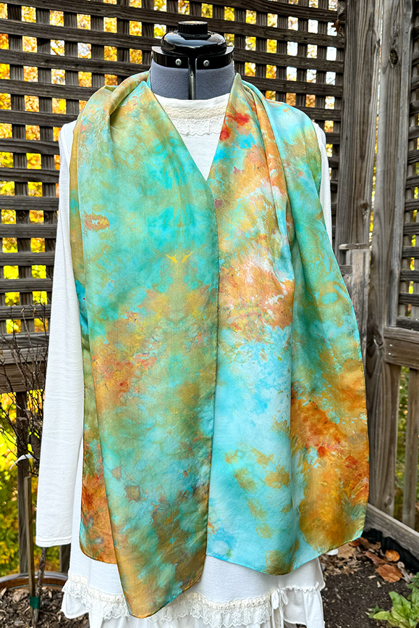 Women's wearable art ice dyed turquoise aqua, bronze, copper and green long hand dyed silk scarf - Blue Amber