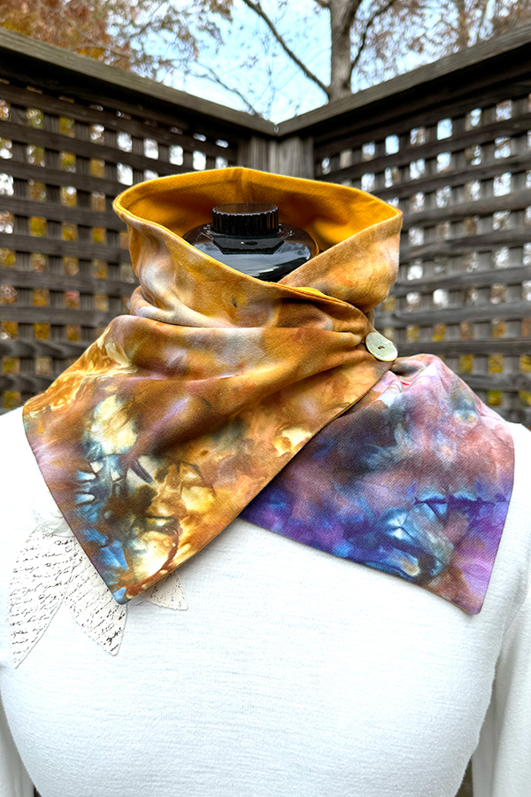 Women's wearable art hand ice dyed cotton neck warmer scarf with button in the different shades of mustard and purple - Catherine