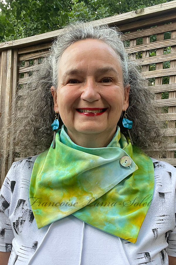 Women's wearable art hand ice dyed cotton neck warmer scarf with button in the different shades of chartreuse, lime green, marigold and turquoise - Chartreuse