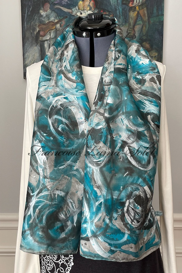Women's art silk scarf hand painted with geometric abstract circles in the shades turquoise, grey, black, pearl and silver - Circles