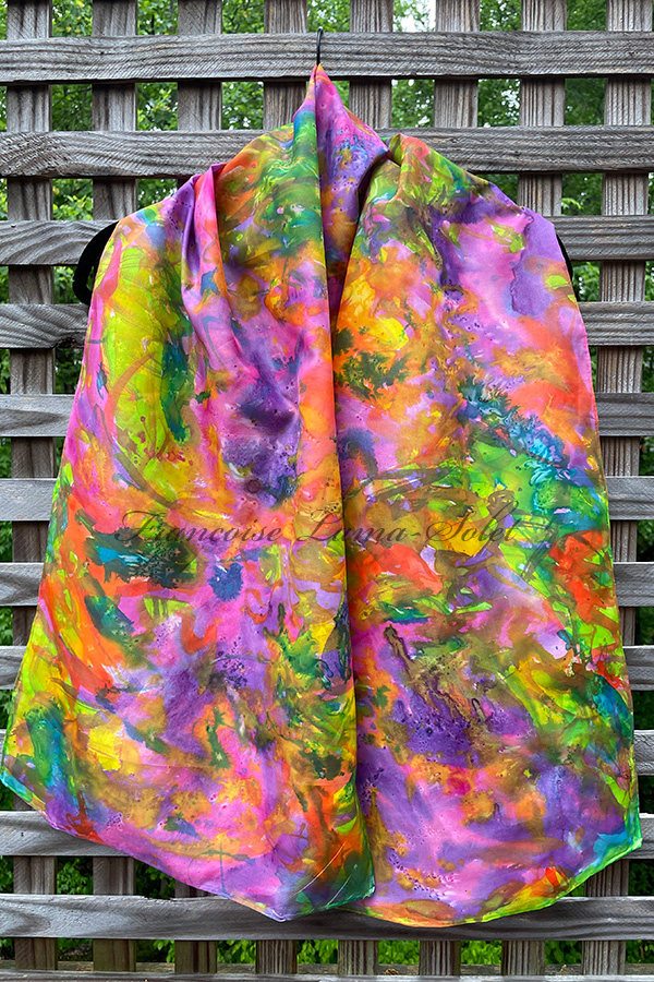 Women's colorful wearable art silk scarf hand painted with an abstract floral expressive painting in different shades of purple, pink, orange, green, yellow and blue - Colors of Joy