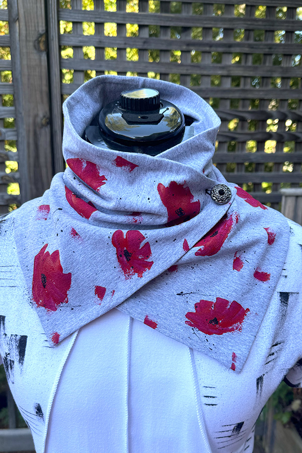 Ladies wearable art light gray warm winter button neck scarf handmade with soft cotton jersey and hand painted with poppy flowers – Coquelicots