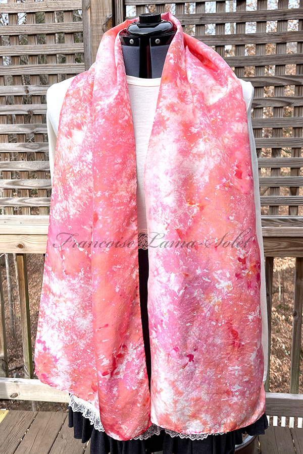 Women's wearable art lightweight fashionable spring summer silk scarf hand dyed in different shades of pink and coral - Coral