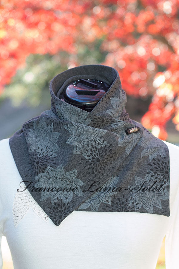 Womens artsy grey black lotus flower button scarf Cozy Winter