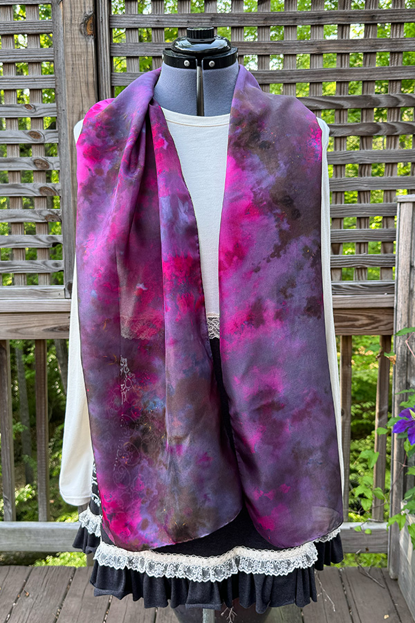Women's wearable art tie dye silk scarf hand dyed in different shades of dark purple and pink  - Deep Nebula