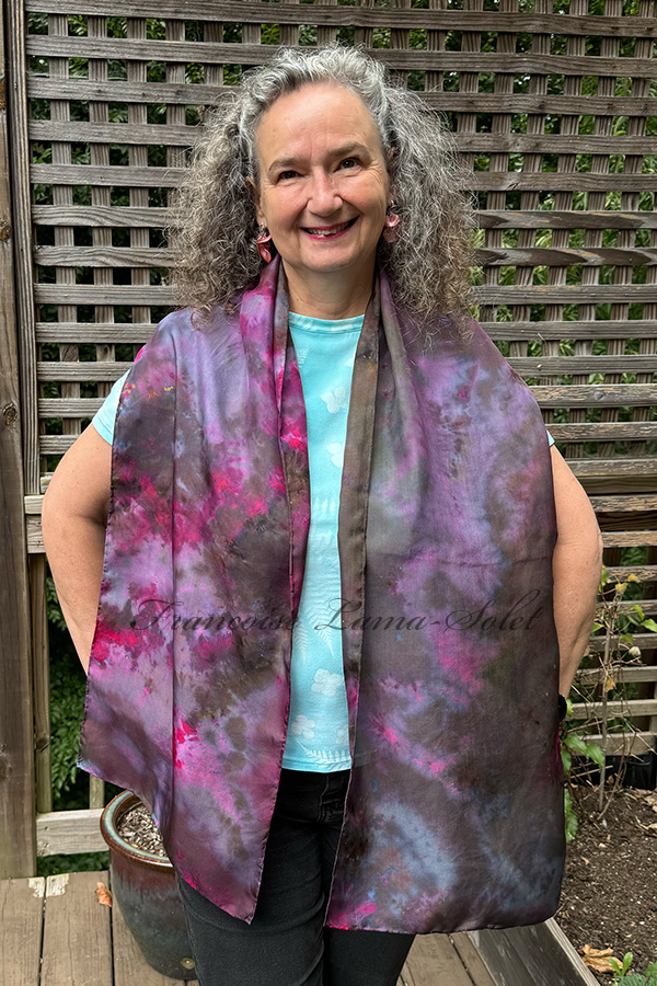 Women's wearable art tie dye silk scarf hand dyed in different shades of dark purple and pink  - Deep Nebula