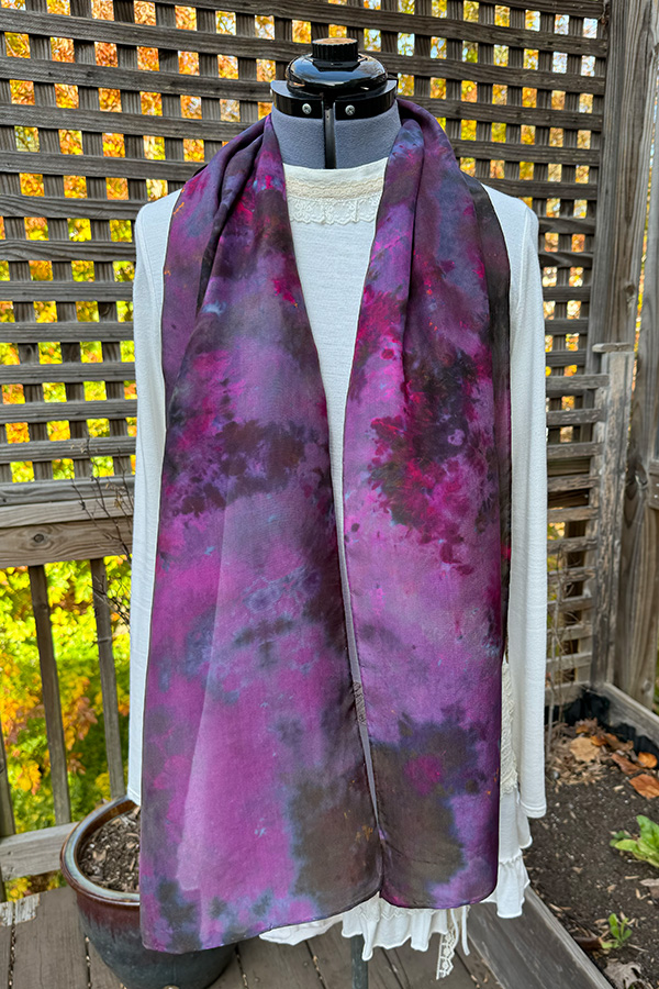 Women's wearable art tie dye silk scarf hand dyed in different shades of dark purple and pink  - Deep Nebula