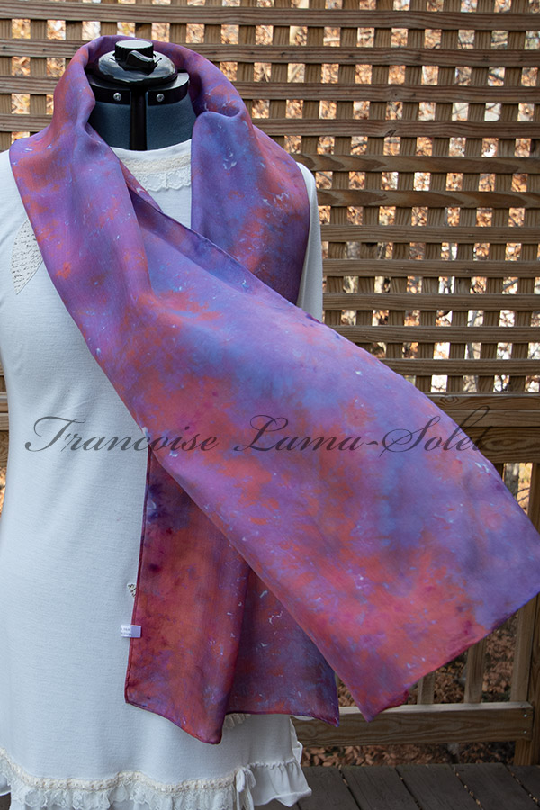 Women's wearable art tie dye silk scarf hand dyed in the shades purple, lavender, blue, rust orange and pink - Elisa