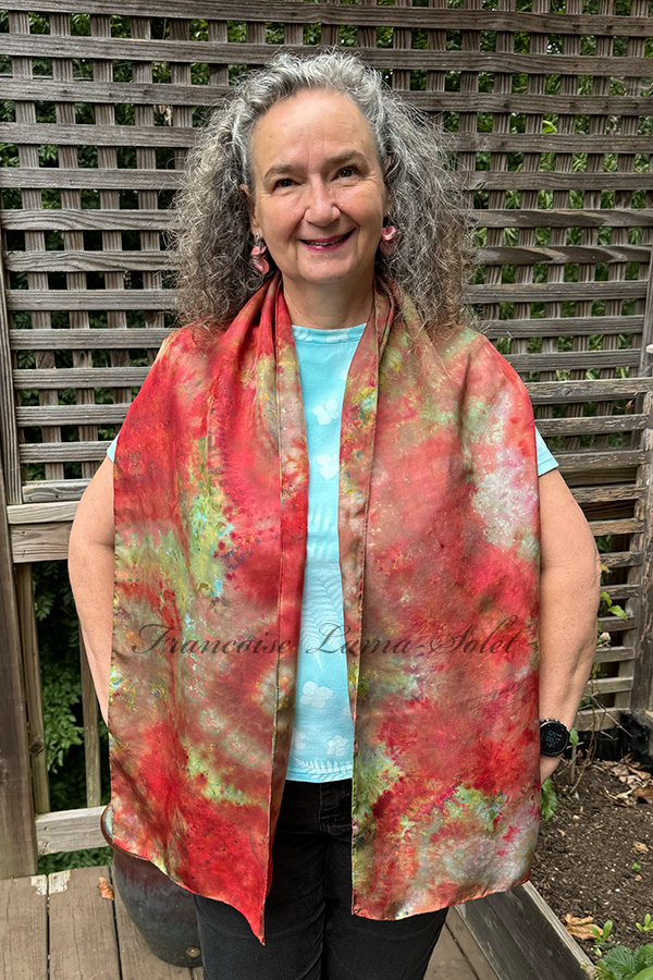 Women's wearable art ice dyed long silk scarf hand dyed with different shades of red orange, terra cotta and green - Fall is Coming