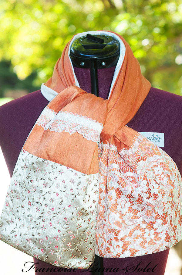 Women's elegant fall Thanksgiving pumpkin ivory silk lace velvet patchwork scarf Fall Elegance