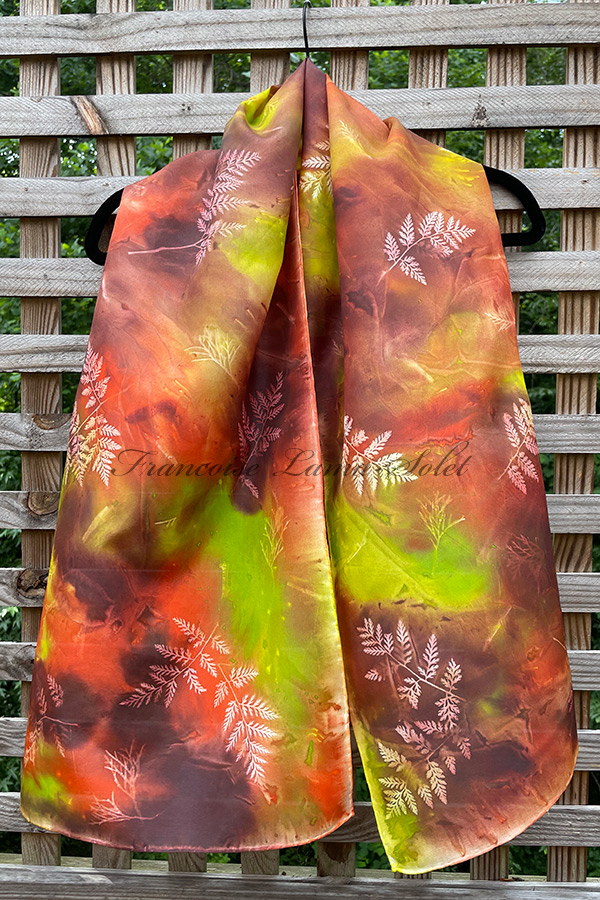 Women's fall colors art silk scarf hand painted in different shades of chartreuse green, lime green, orange and brown, and sun printed with natural fern leaves - Fall Vibes
