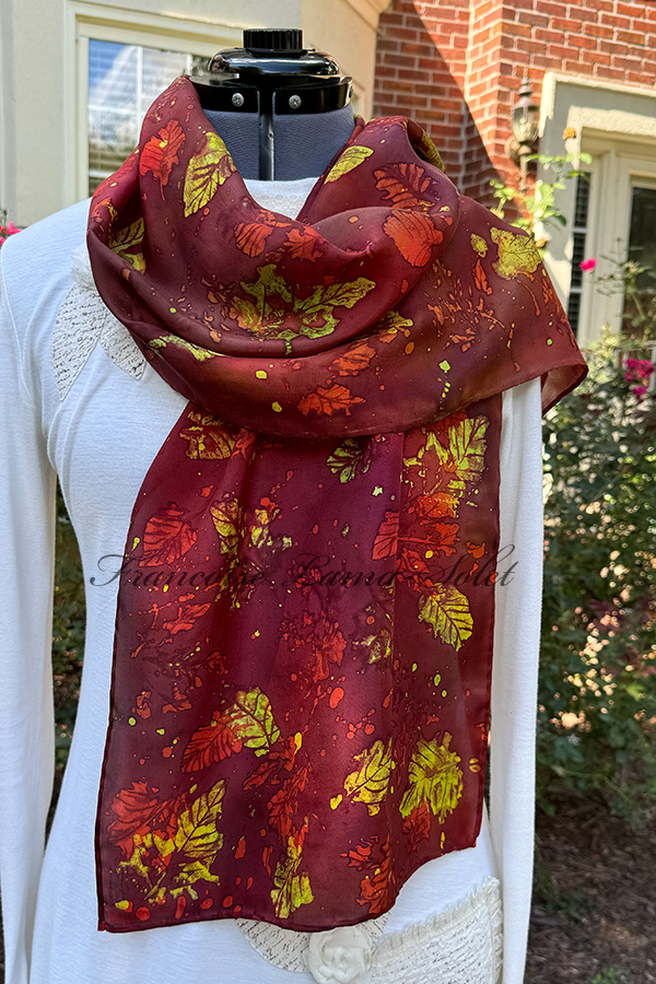 Women's brown, orange and green wearable art silk scarf with leaf print hand painted with batik technique - Falling Leaves