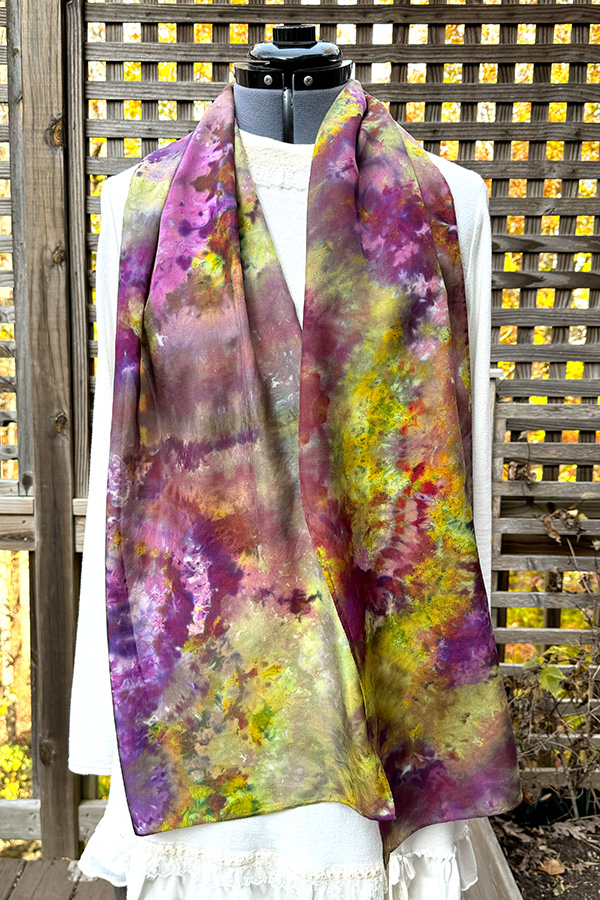 Women's wearable art ice dyed long silk scarf hand dyed with different shades of purple, green, pink, maroon - Forest