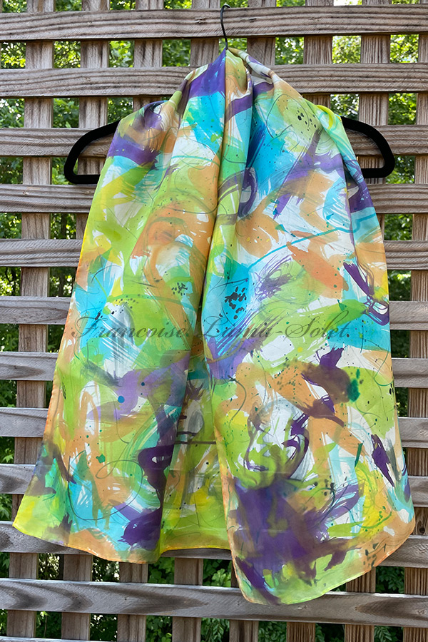 Women's wearable art silk scarf hand painted with an abstract expressive painting in different shades of turquoise, orange, green and purple using dyes - Freestyle