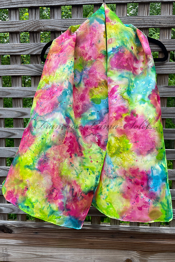 Women's colorful wearable art silk scarf hand painted with an abstract floral watercolor painting in different shades of pink, green and blue - Full Bloom