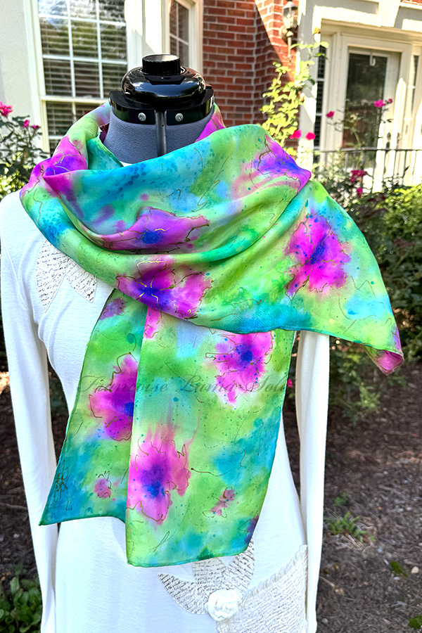 Women's colorful wearable art silk scarf hand painted with an abstract floral watercolor painting in different shades of pink, green and blue - Full Bloom