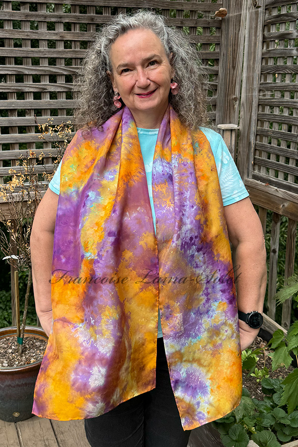 Women's wearable art ice dyed long silk scarf hand dyed with different shades of purple, orange and aqua - Gipsy