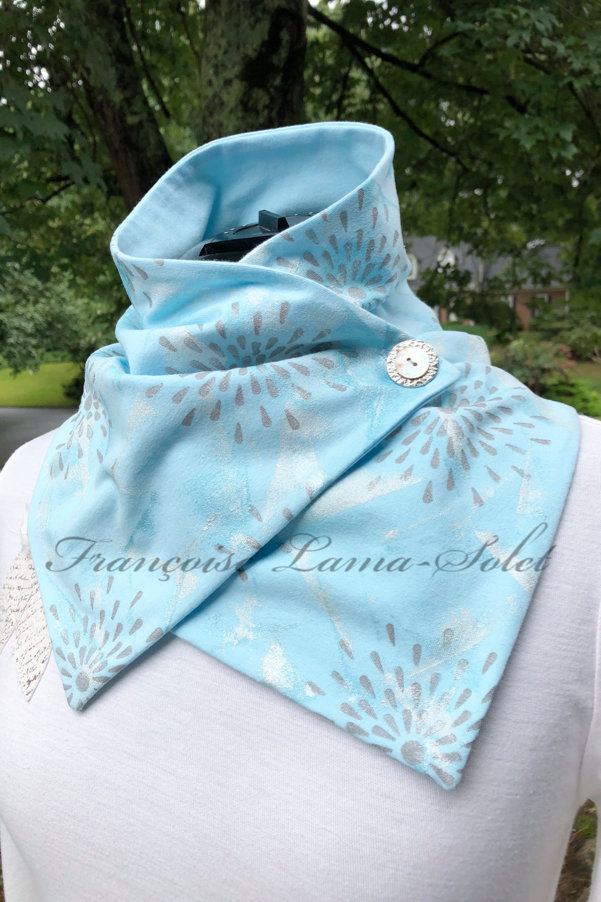 Button cowl scarf handmade with baby blue cotton jersey and hand printed with abstract pattern and silver grey stars - Glacier