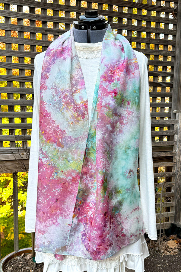 Women's wearable art ice dyed long silk scarf hand dyed with different shades of pink, lavender, aqua and green - Impressionist Garden