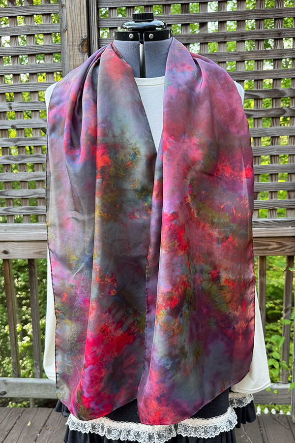 omen's wearable art lightweight fashionable summer silk scarf hand dyed in the shade dark green, orange and pink - Jardin